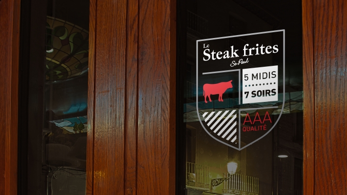 Steak frites St-Paul - Publicité adhésive, lettrage vitrine Estrie